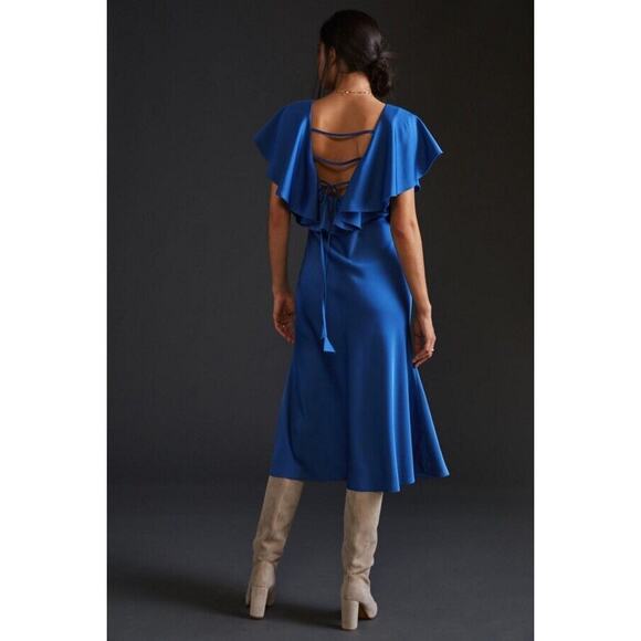Sachin + Babi For Anthropologie Midi Dress Deep V-Neck Ruffle Blue Size 10P - Picture 3 of 12